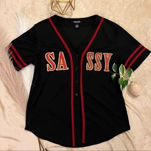 LETTER GRAPHIC STRIPED TRIM BLOUSE